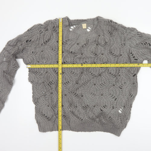 Marfinno Women’s Grey L Cable Knit Beaded Crew Neck Jumper
