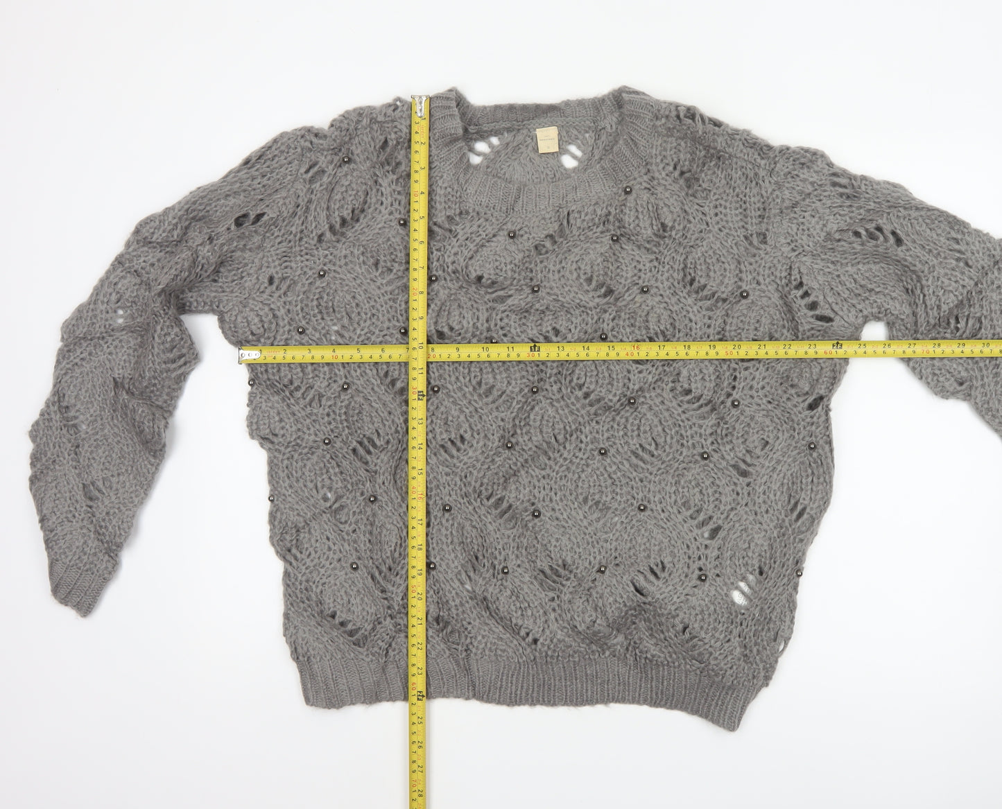 Marfinno Women’s Grey L Cable Knit Beaded Crew Neck Jumper