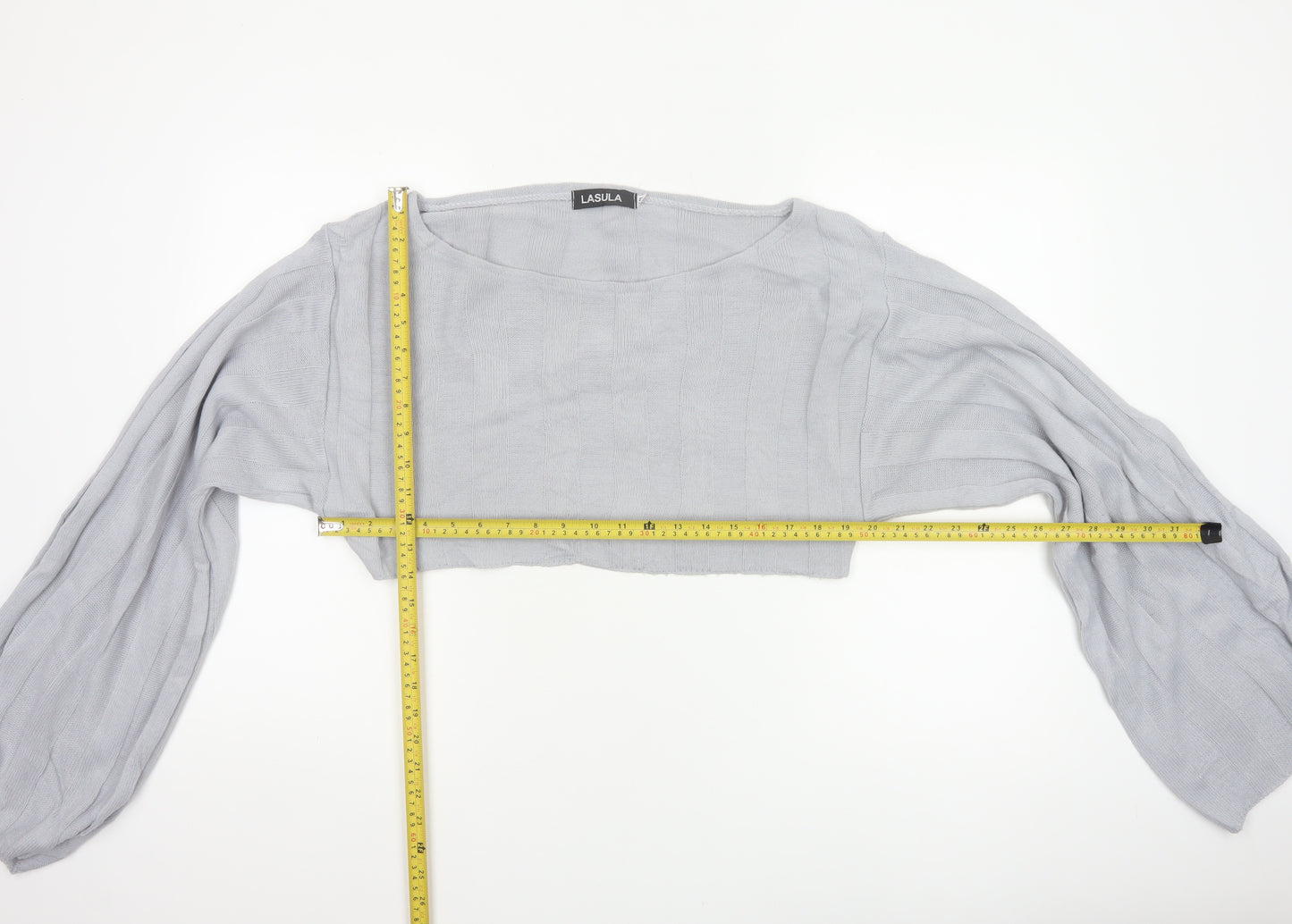 Lasula Women Grey S Cropped Square Neck Knit Jumper Bell Sleeve