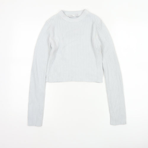 Bershka Women Grey S Ribbed Mock Neck Slim Knit Pullover Jumper