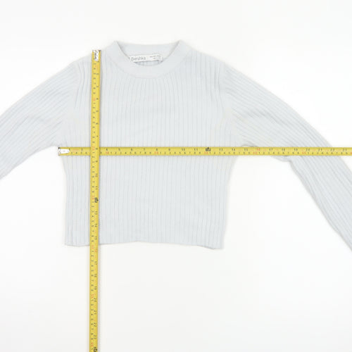 Bershka Women Grey S Ribbed Mock Neck Slim Knit Pullover Jumper