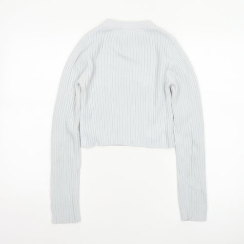 Bershka Women Grey S Ribbed Mock Neck Slim Knit Pullover Jumper
