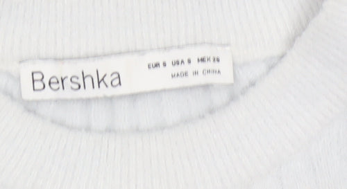 Bershka Women Grey S Ribbed Mock Neck Slim Knit Pullover Jumper