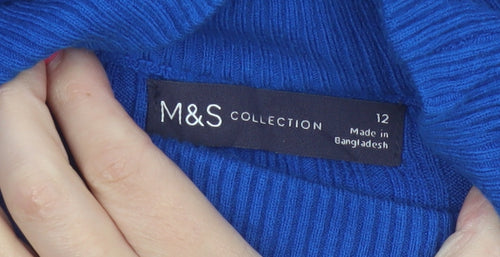 Marks and Spencer Women Blue Size 12 Rib Knit Mock Neck Jumper