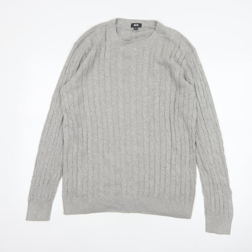 Uniqlo Men Grey XL Cable Knit Cotton Cashmere Crew Neck Pullover Jumper