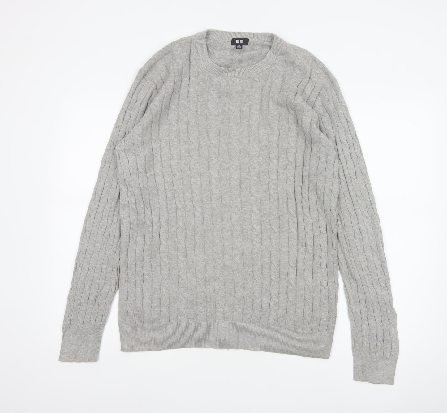 Uniqlo Men Grey XL Cable Knit Cotton Cashmere Crew Neck Pullover Jumper