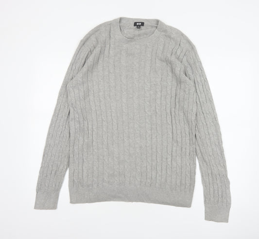 Uniqlo Men Grey XL Cable Knit Cotton Cashmere Crew Neck Pullover Jumper
