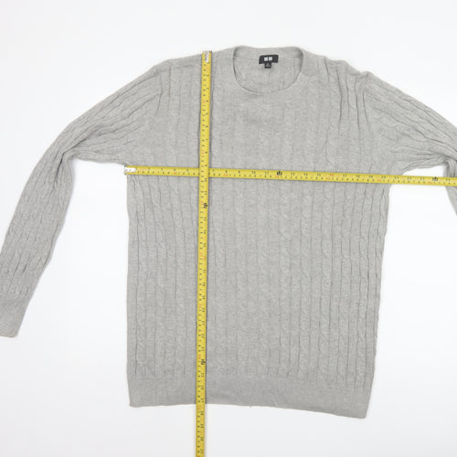 Uniqlo Men Grey XL Cable Knit Cotton Cashmere Crew Neck Pullover Jumper