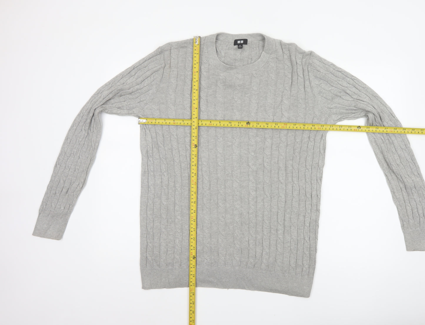 Uniqlo Men Grey XL Cable Knit Cotton Cashmere Crew Neck Pullover Jumper