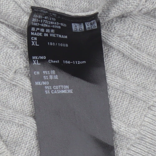 Uniqlo Men Grey XL Cable Knit Cotton Cashmere Crew Neck Pullover Jumper
