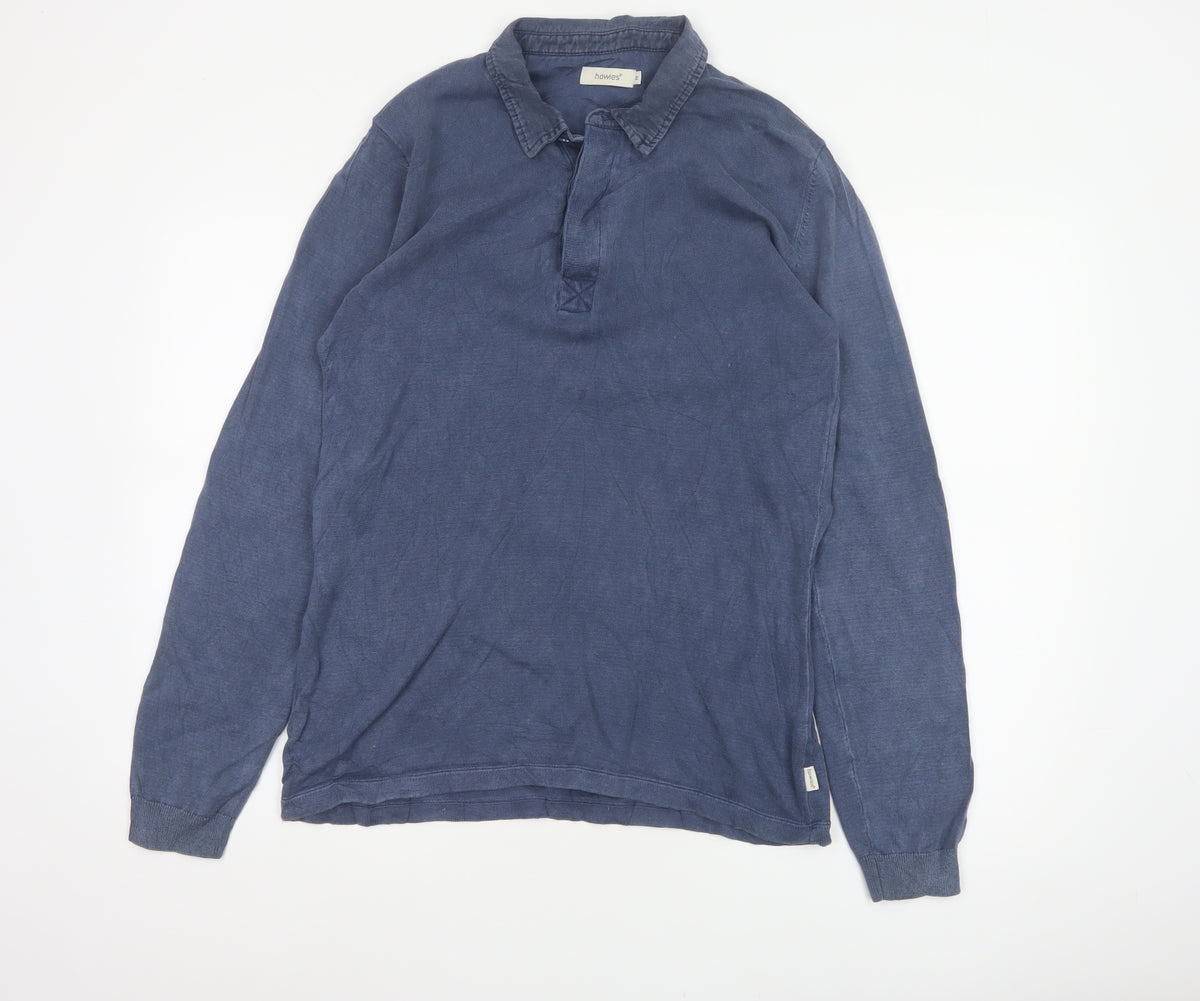 Back view of Howies Men's Blue M Long Sleeve Collared Polo Shirt