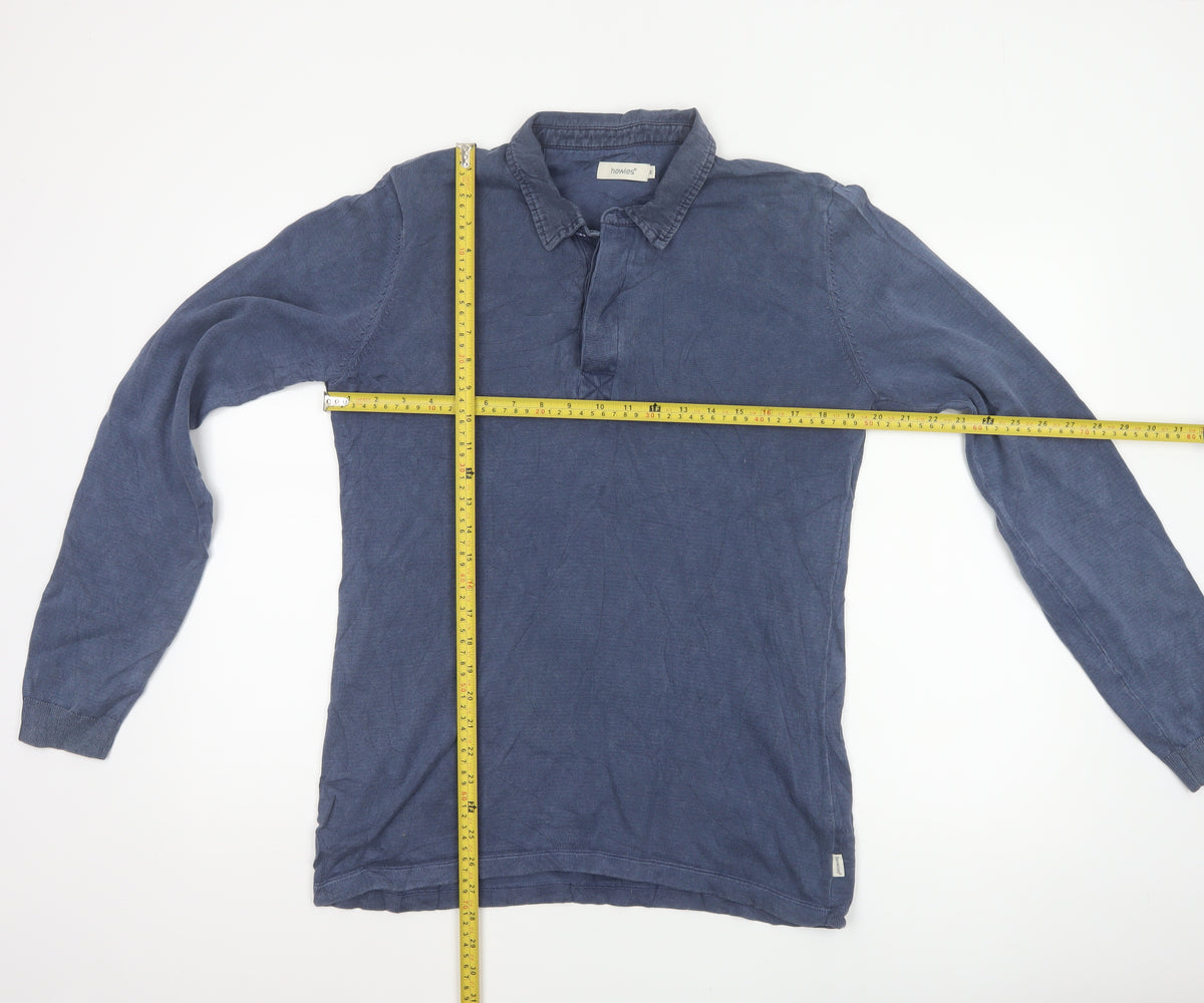 Close-up detail of Howies Men's Blue M Long Sleeve Collared Polo Shirt