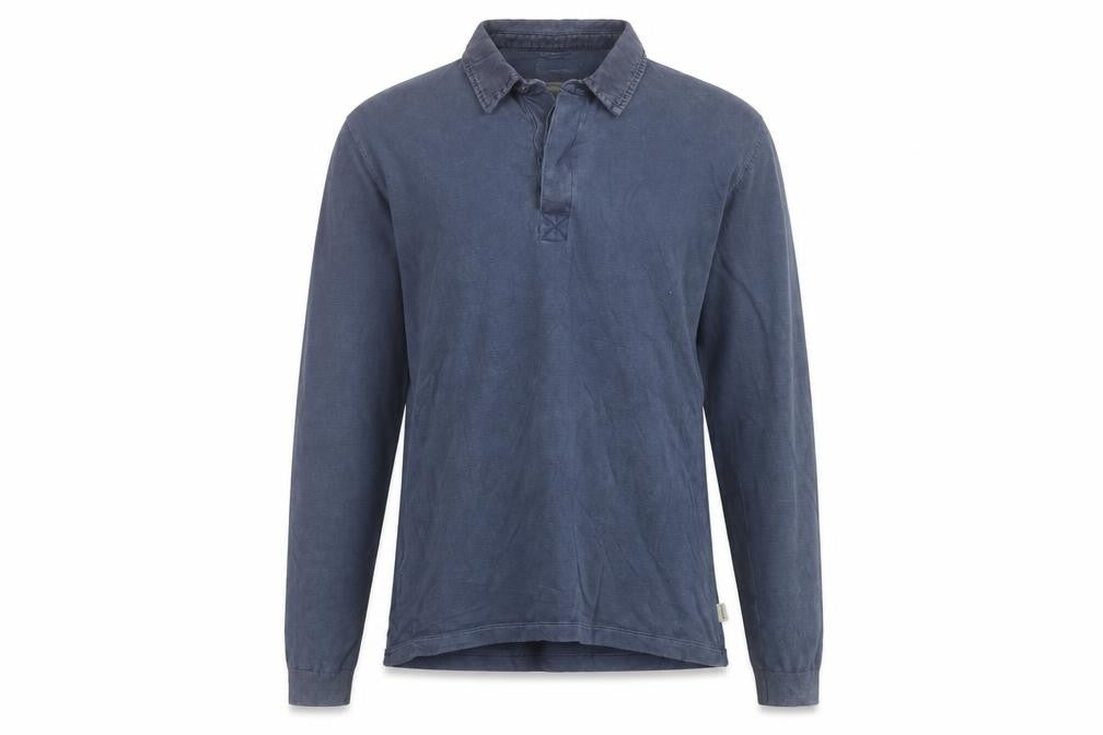 Front view of Howies Men's Blue M Long Sleeve Collared Polo Shirt