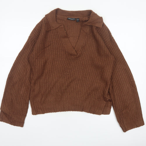 Brave Soul Women’s Brown Size 10 Chunky Knit Collared V-Neck Jumper