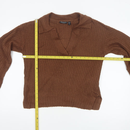 Brave Soul Women’s Brown Size 10 Chunky Knit Collared V-Neck Jumper