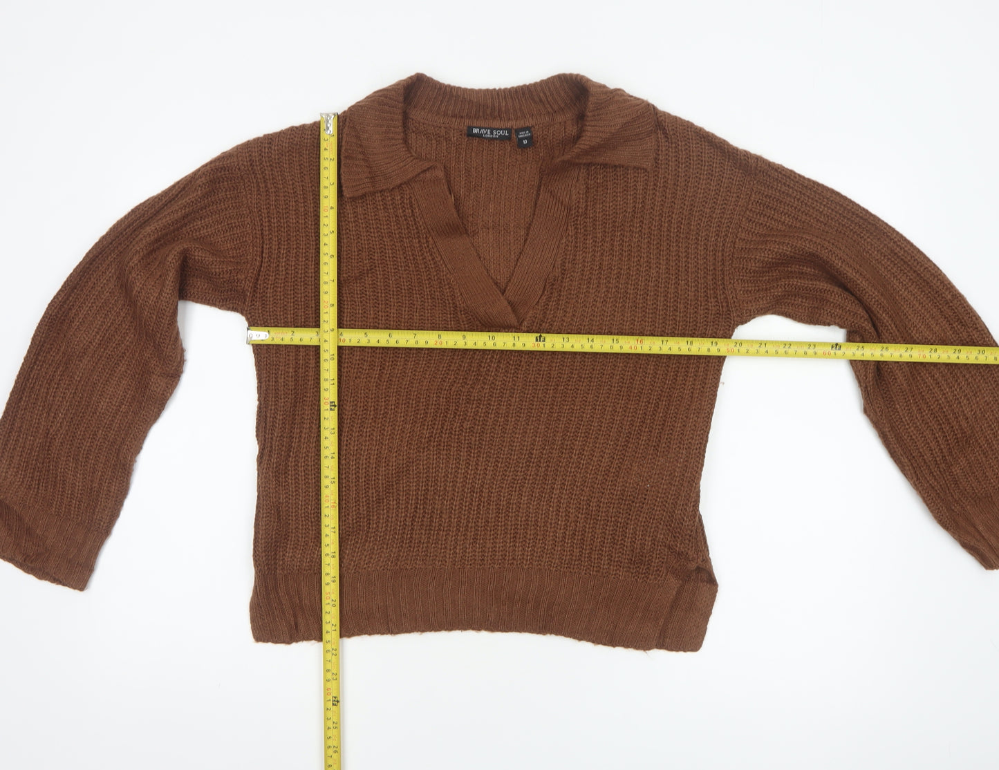 Brave Soul Women’s Brown Size 10 Chunky Knit Collared V-Neck Jumper
