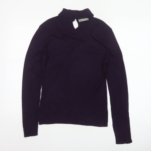 Oasis Women Purple M Rib Knit High Neck V-Neck Slim Jumper
