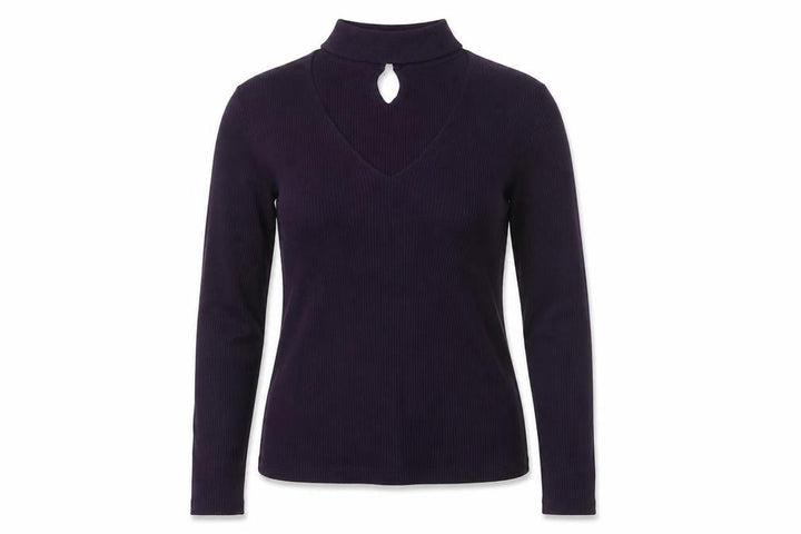 Oasis Women Purple M Rib Knit High Neck V-Neck Slim Jumper