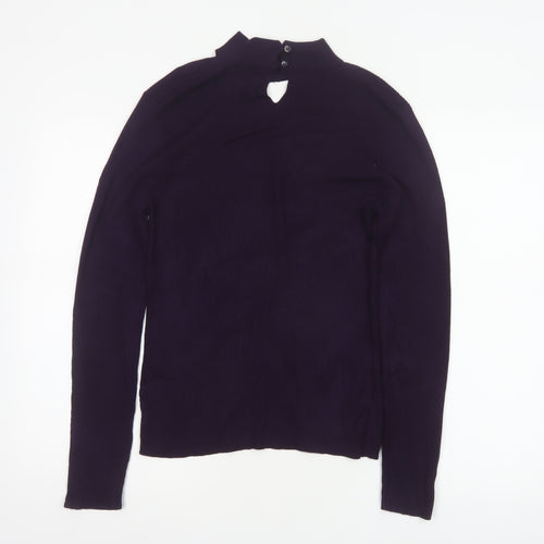 Oasis Women Purple M Rib Knit High Neck V-Neck Slim Jumper