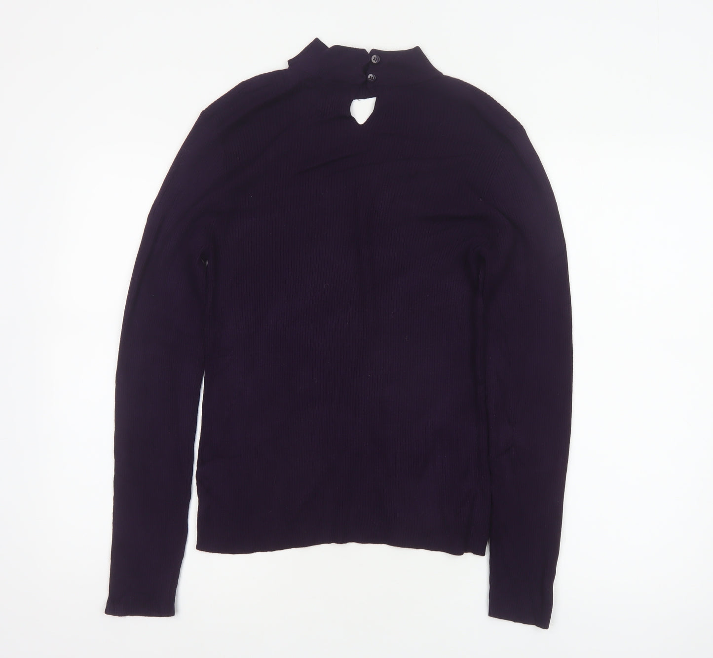 Oasis Women Purple M Rib Knit High Neck V-Neck Slim Jumper