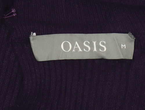 Oasis Women Purple M Rib Knit High Neck V-Neck Slim Jumper