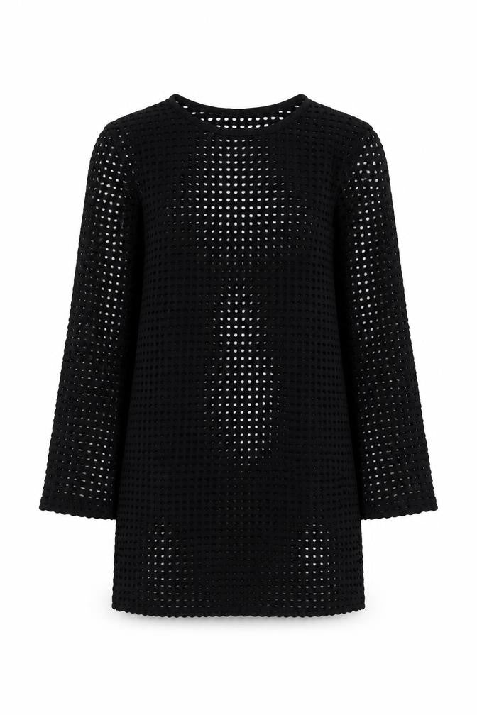 Mango Women Black UK 12 Crochet Knit Shift Dress Bell Sleeve