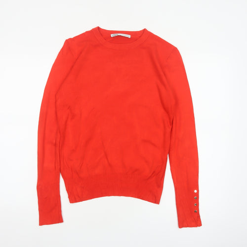 Zara Women Red UK 12 Round Neck Knit Pullover Button Cuff Jumper