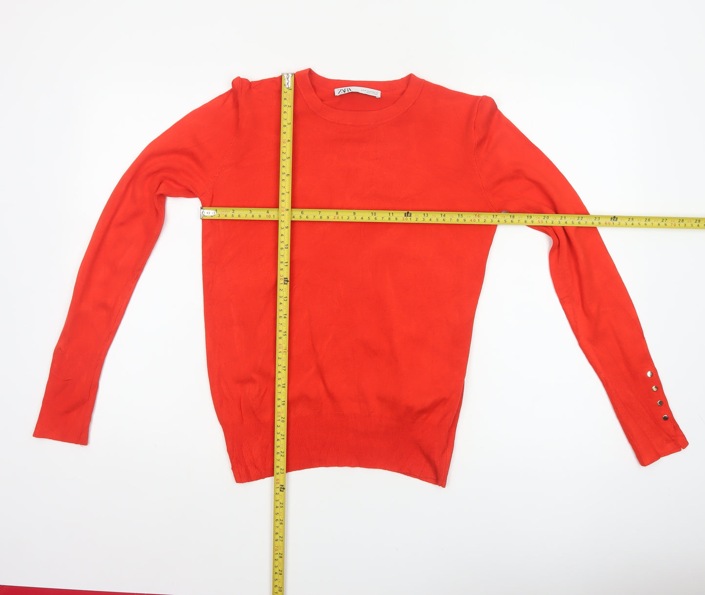 Zara Women Red UK 12 Round Neck Knit Pullover Button Cuff Jumper
