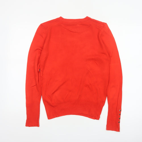 Zara Women Red UK 12 Round Neck Knit Pullover Button Cuff Jumper