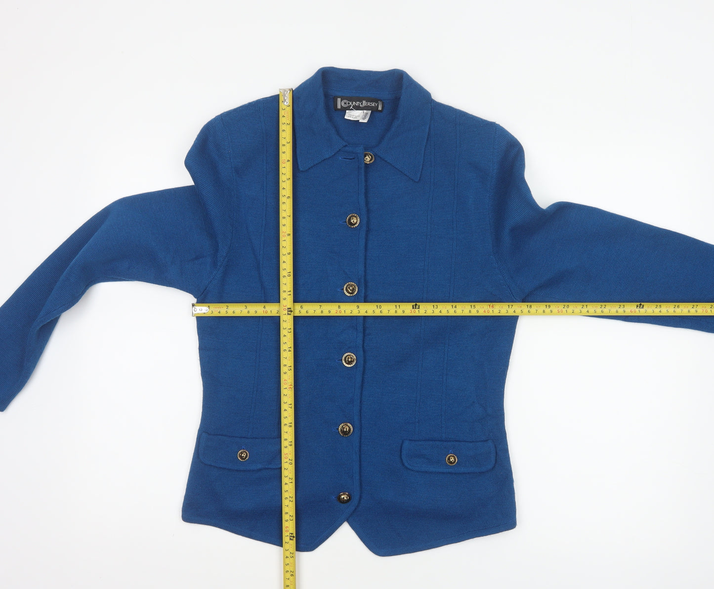 County Jersey Women’s Blue UK 10 Collared Button Knit Cardigan Pockets