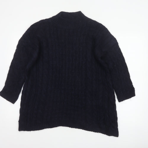 Zara Knit Women Blue M Cable Knit High Neck Alpaca Wool Blend Jumper