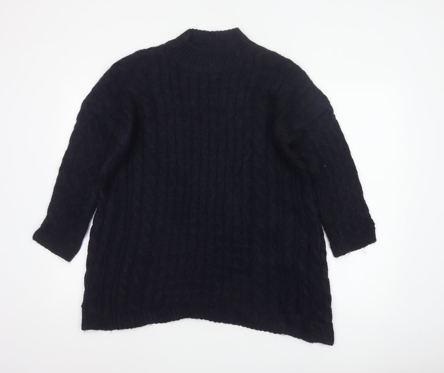 Zara Knit Women Blue M Cable Knit High Neck Alpaca Wool Blend Jumper