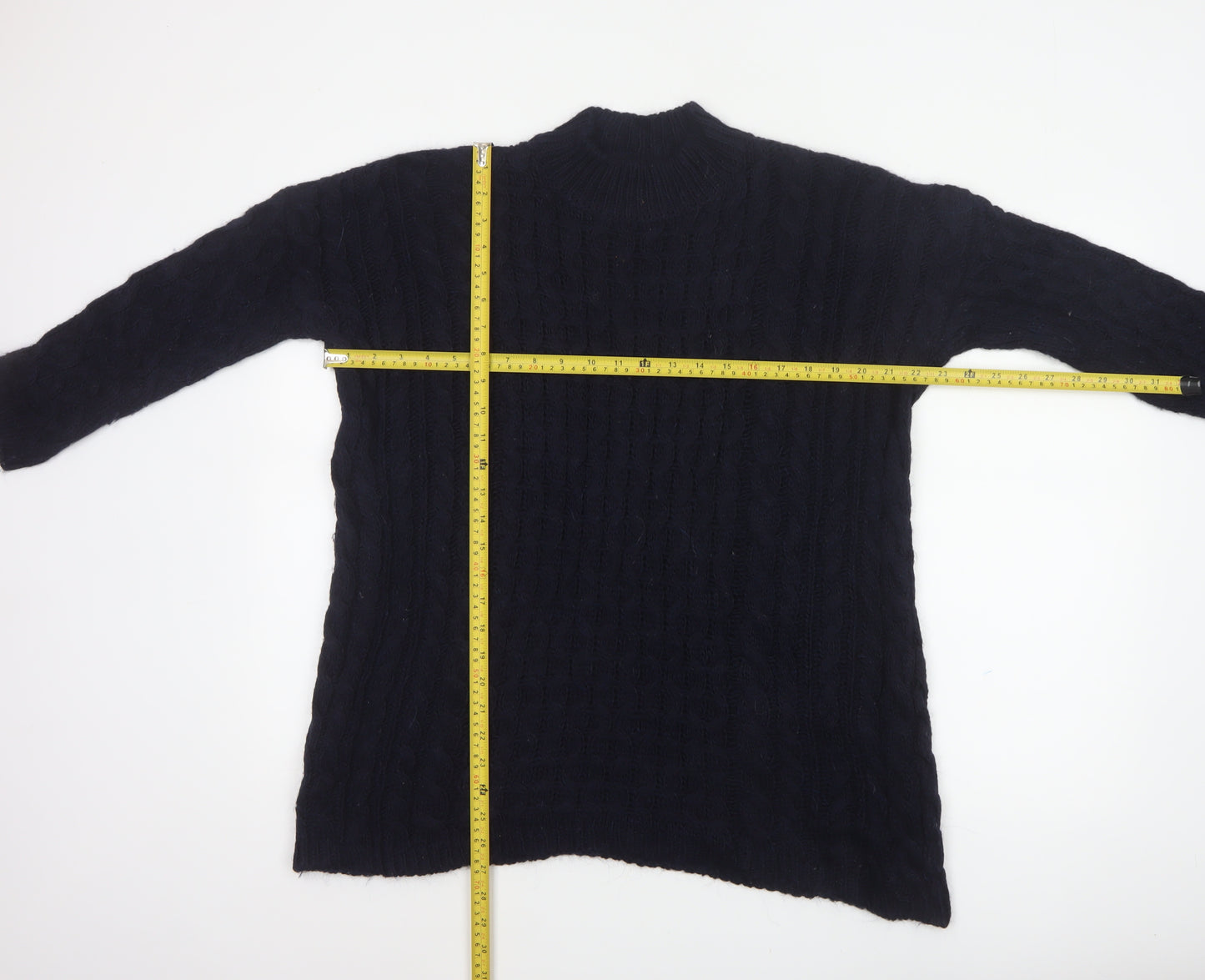 Zara Knit Women Blue M Cable Knit High Neck Alpaca Wool Blend Jumper