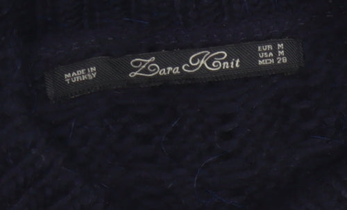 Zara Knit Women Blue M Cable Knit High Neck Alpaca Wool Blend Jumper