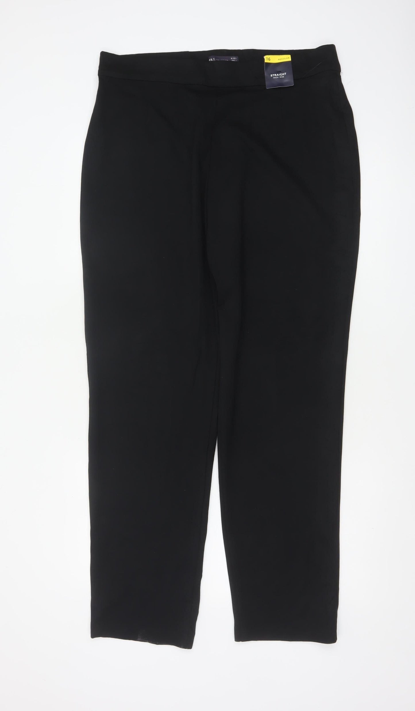 M&S Women Black UK 16 Regular High Rise Straight Leg Trousers