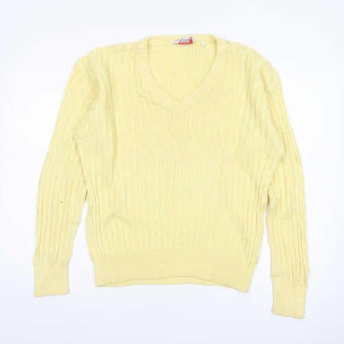 ROBRIGU Women’s Yellow Cable Knit V-Neck Pullover Jumper UK 16