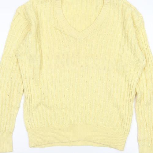 ROBRIGU Women’s Yellow Cable Knit V-Neck Pullover Jumper UK 16