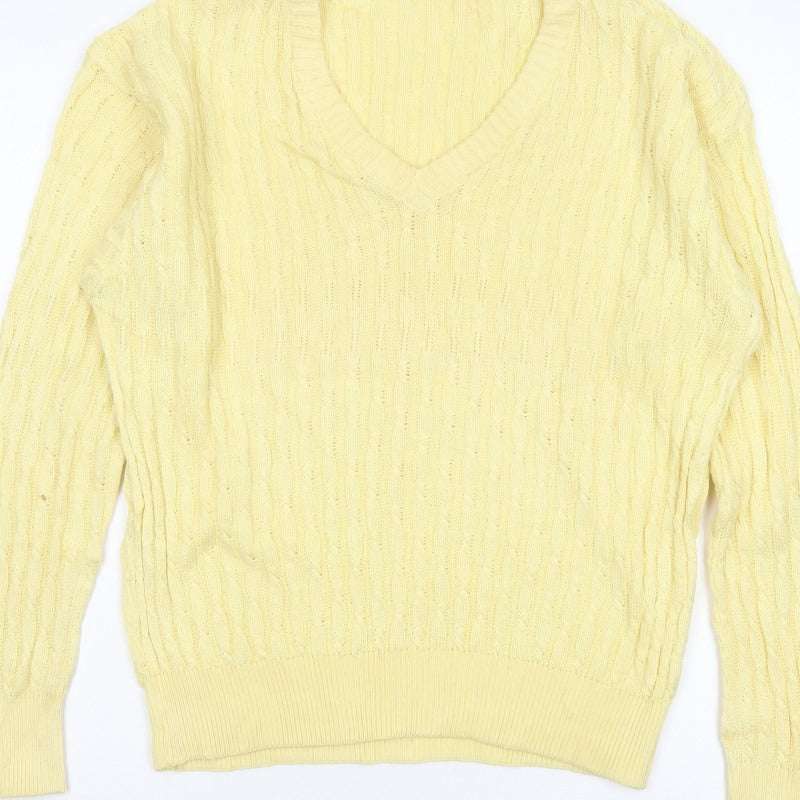 ROBRIGU Women’s Yellow Cable Knit V-Neck Pullover Jumper UK 16