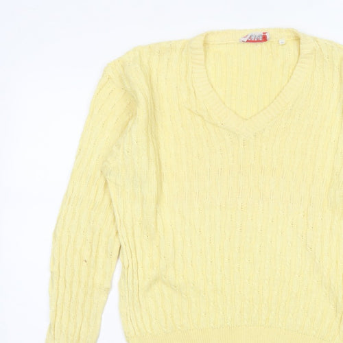 ROBRIGU Women’s Yellow Cable Knit V-Neck Pullover Jumper UK 16