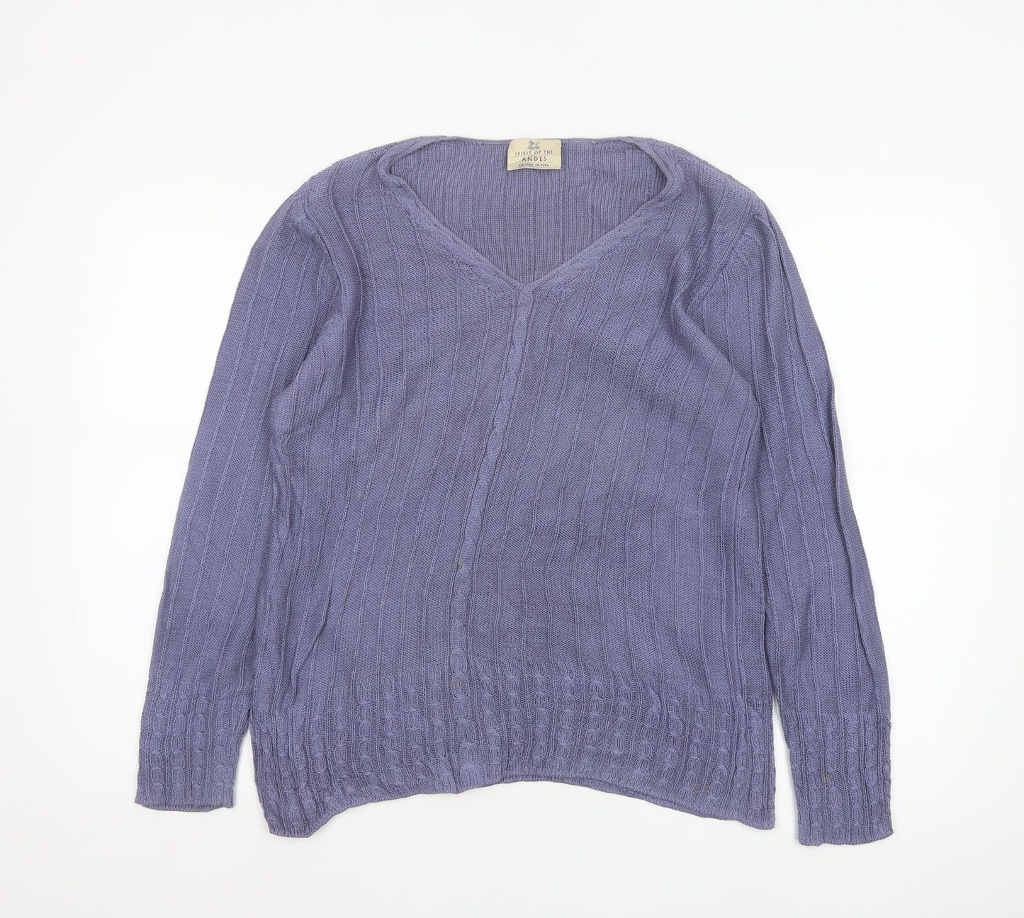 Spirit of the Andes Women Purple S V-Neck Cotton Cable Knit Jumper