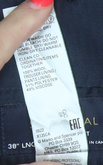 M&S Sartorial Men's Blue 38 Long Tailored Fit Wool Dress Trousers