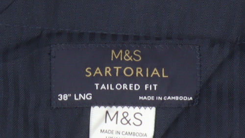 M&S Sartorial Men's Blue 38 Long Tailored Fit Wool Dress Trousers