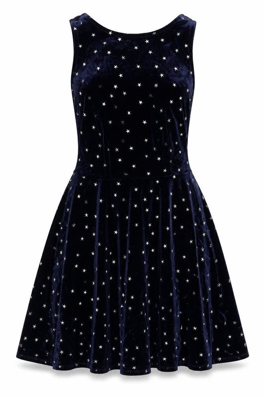 Front view of Topshop Women Blue UK 6 One Shoulder Velvet Star Skater Mini Dress