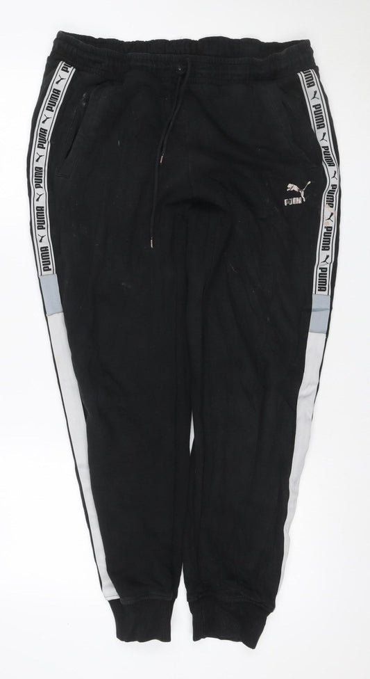 Puma Men Black L Track Pants Joggers Logo Tape Elastic Waist