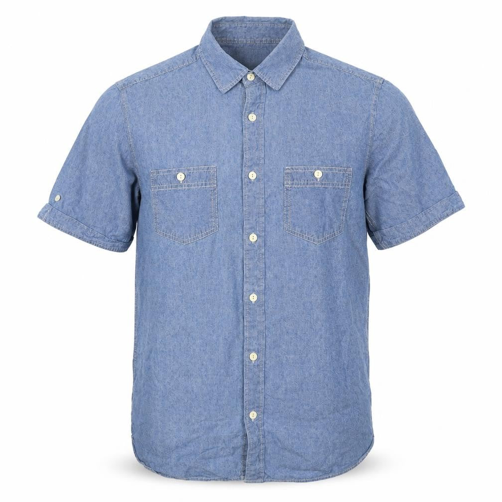 Front view of Stone Bay Men’s Blue M Cotton Chambray Short Sleeve Button-Up Shirt