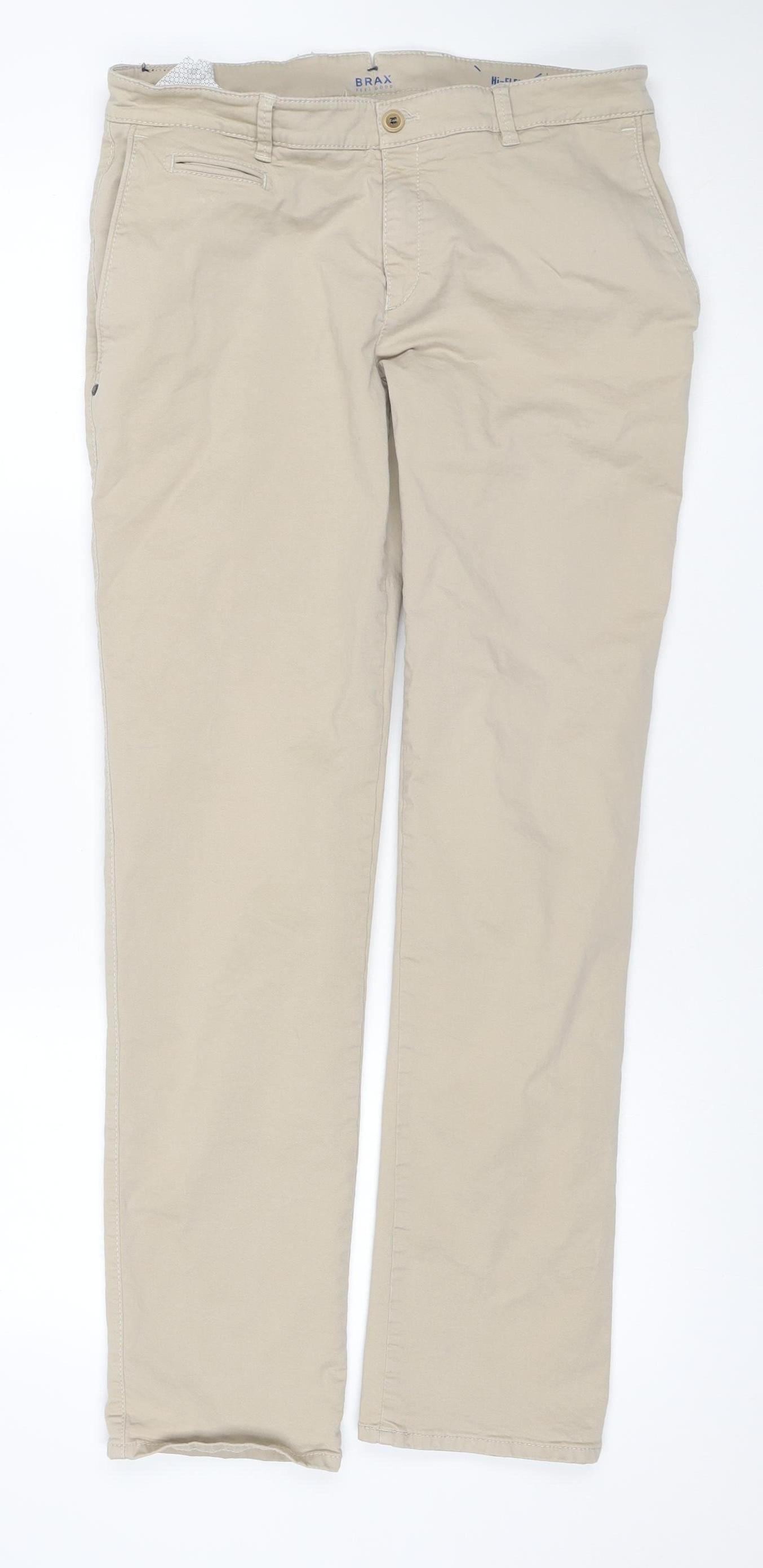 Brax Men’s Beige 32/32 Stretch Cotton Chino Trousers Flat Front
