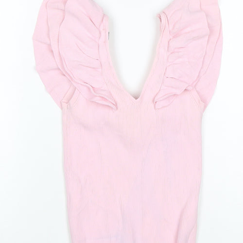 River Island Women Pink Size 10 Rib Knit Ruffle V-Neck Top