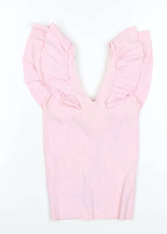 River Island Women Pink Size 10 Rib Knit Ruffle V-Neck Top