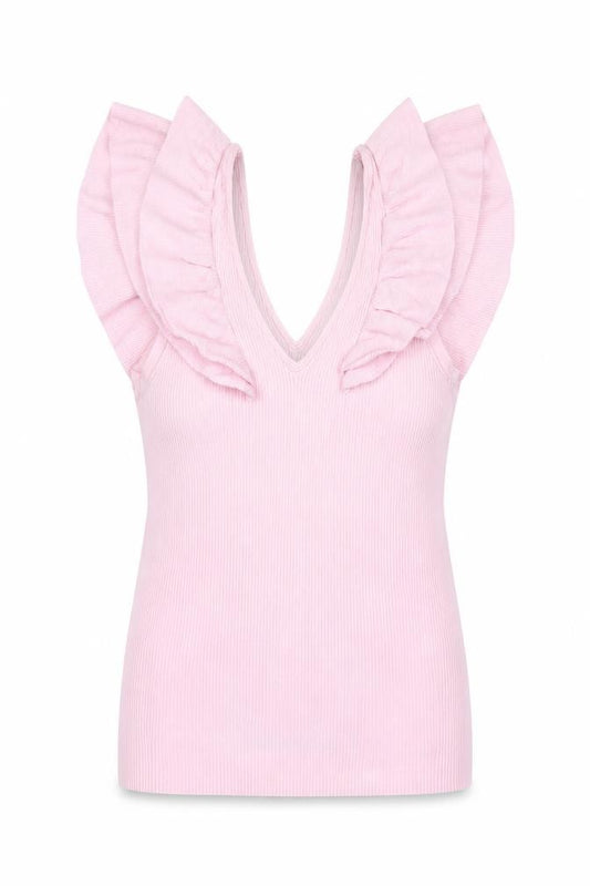 River Island Women Pink Size 10 Rib Knit Ruffle V-Neck Top