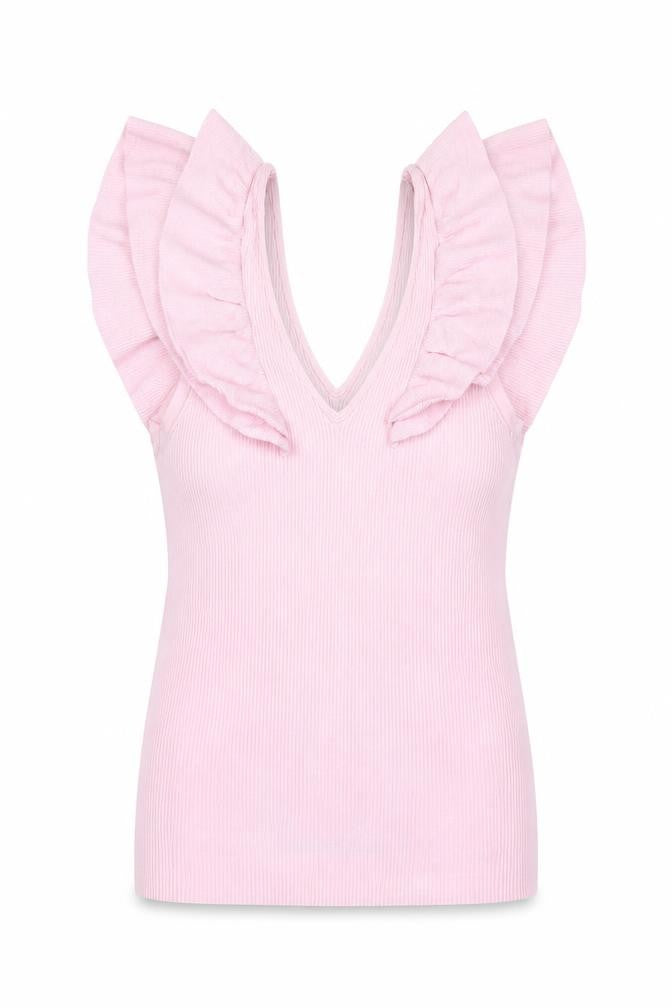River Island Women Pink Size 10 Rib Knit Ruffle V-Neck Top
